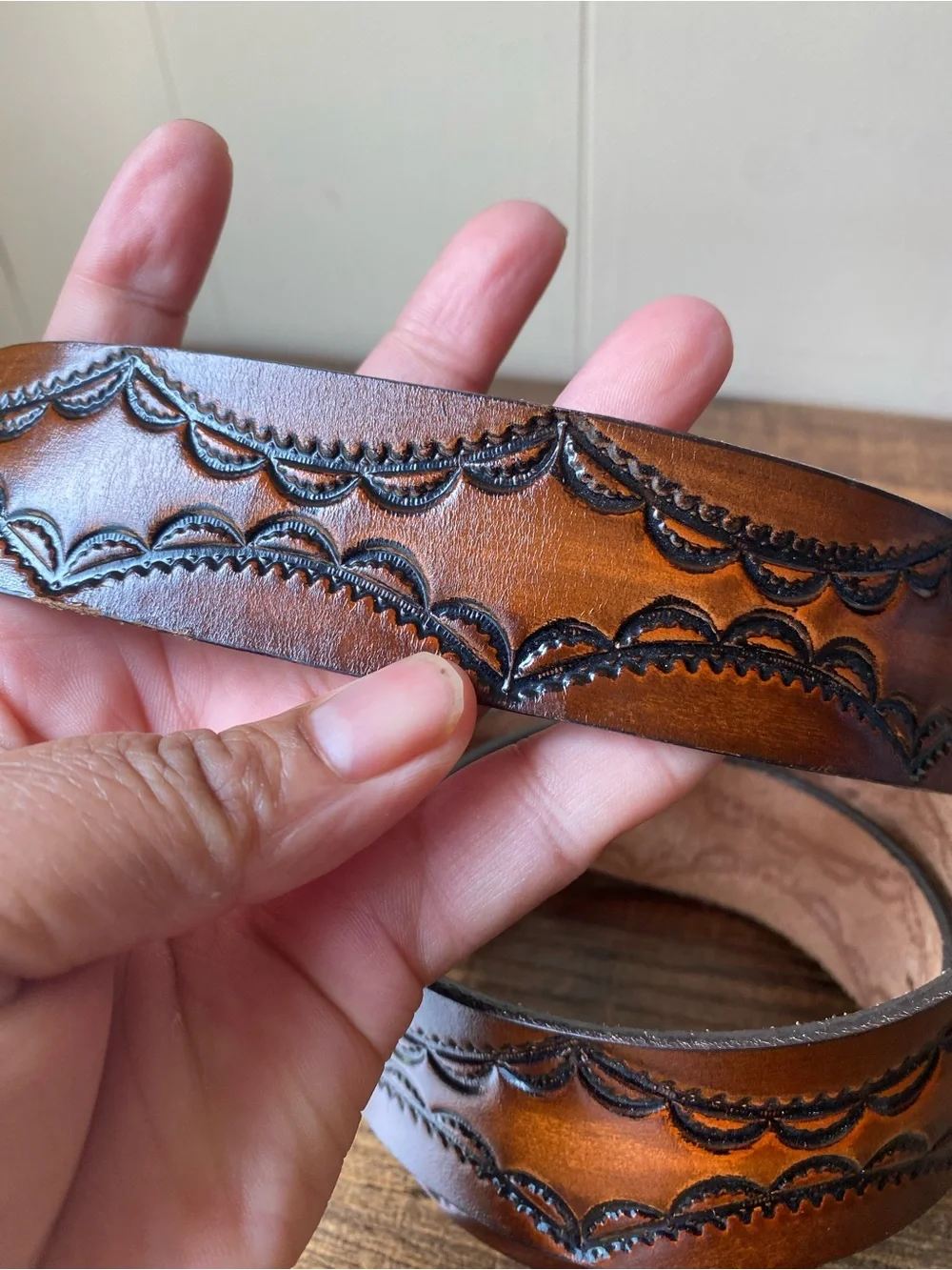 Vintage Hand Tooled Leather Belt, 36”